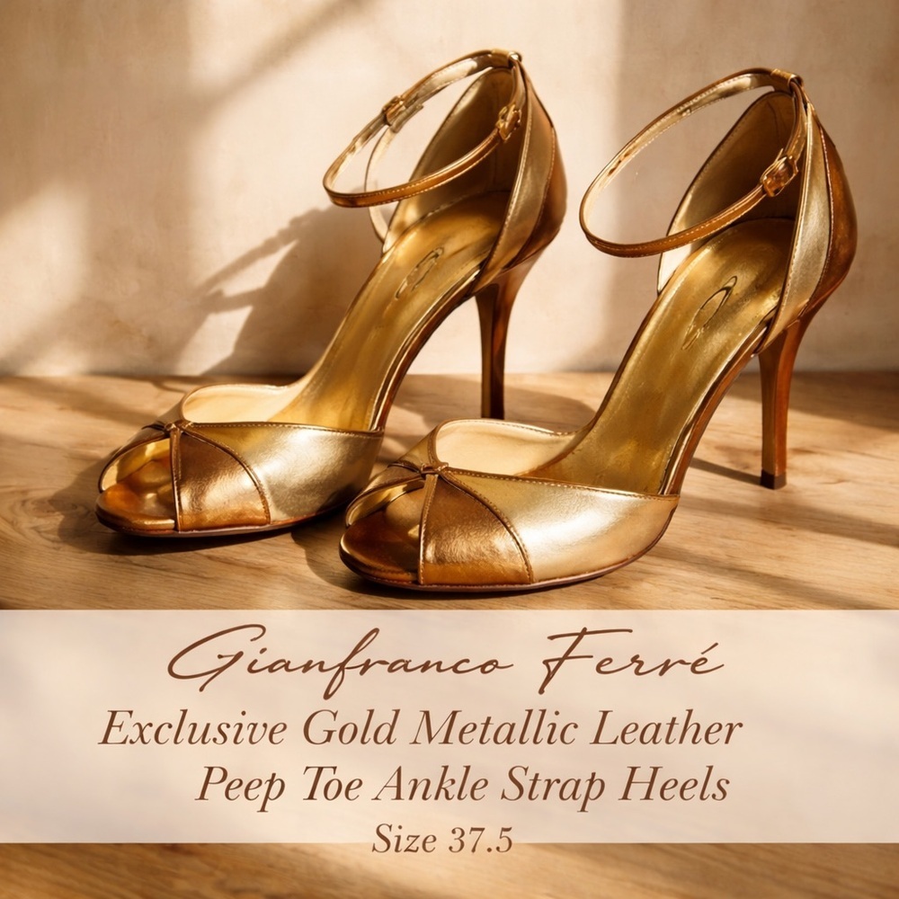 Gianfranco Ferré Exclusive Gold Metallic Leather Peep Toe Heels Size 37.5